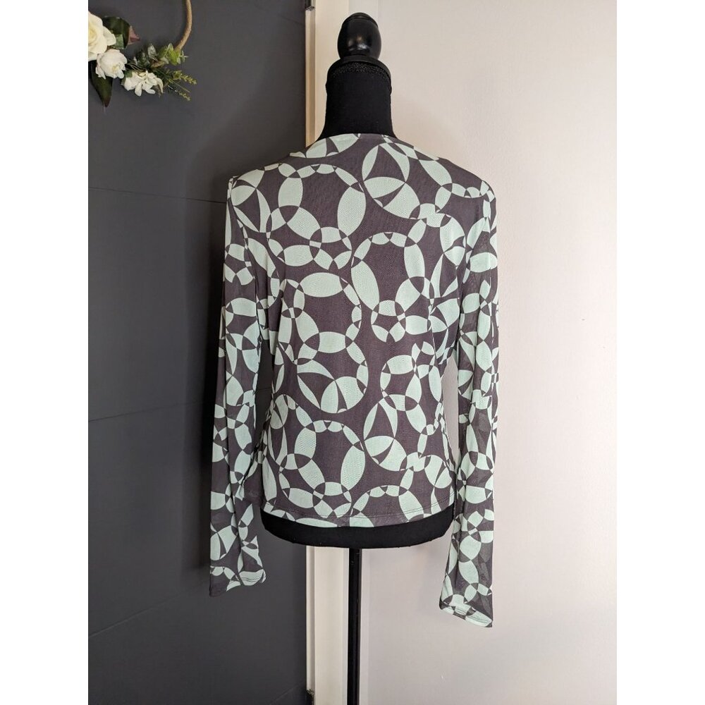 y2k Ideology Cowl Neck Abstract Print Mesh Long‎ Sleeve Top - L - Picture 3 of 9